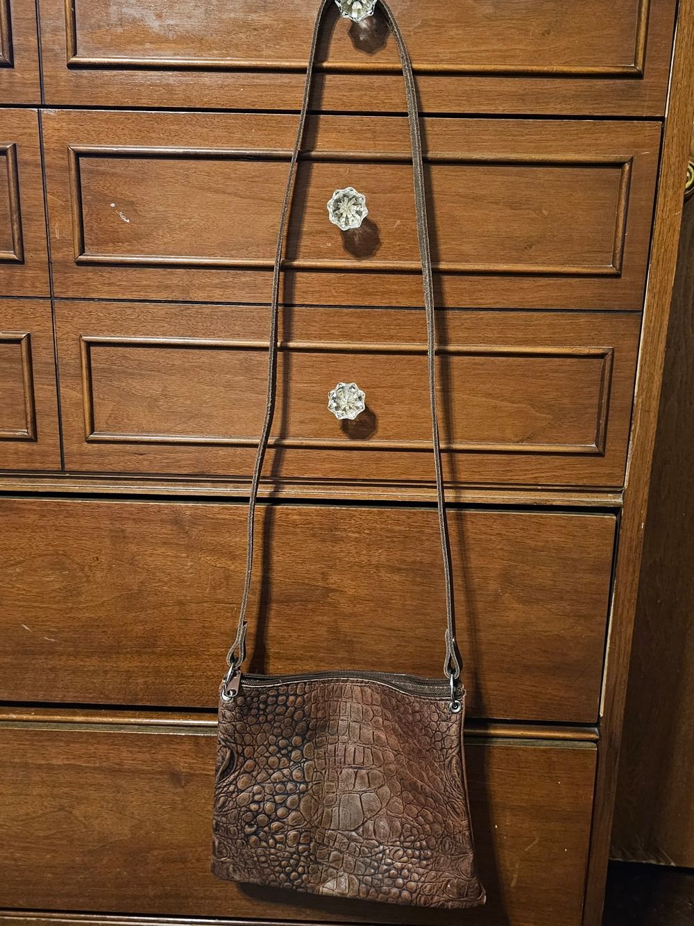 Brown Croc-Embossed Leather Crossbody Bag